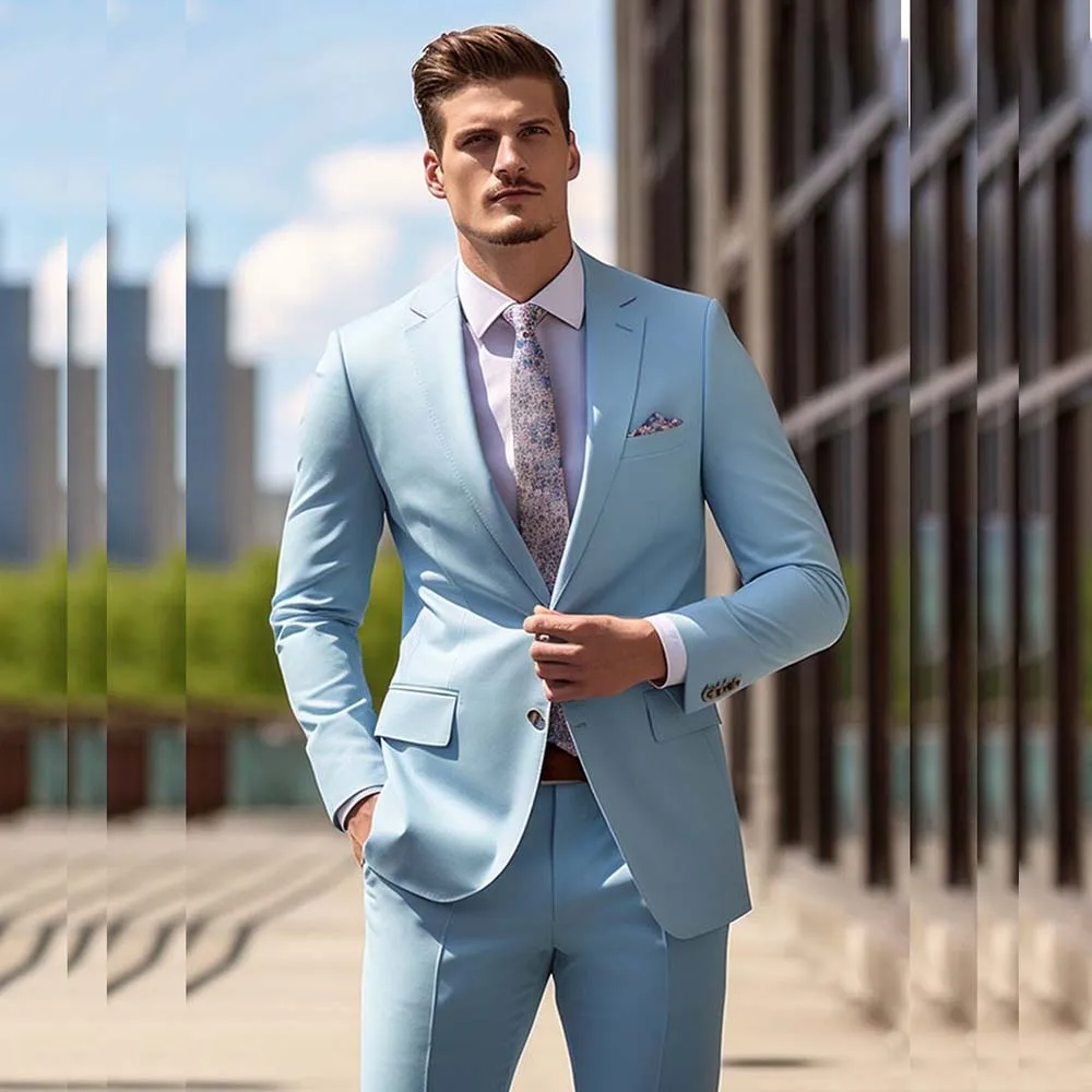 

Elegant Wedding Men's Suits Sky Blue Single Breasted Notch Lapel Luxury Blazer Bespoke 2 Piece Jacket Pants Male Clothing Terno