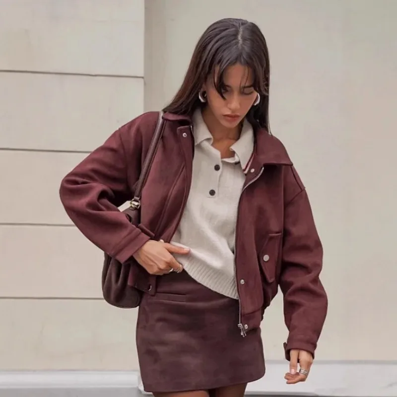 Fashionable Women's Suede Coat 2025 Autumn Comfort Turn Down Collar Zipper Fly Pockets Female Coat Korean-Style Jacket For Lady
