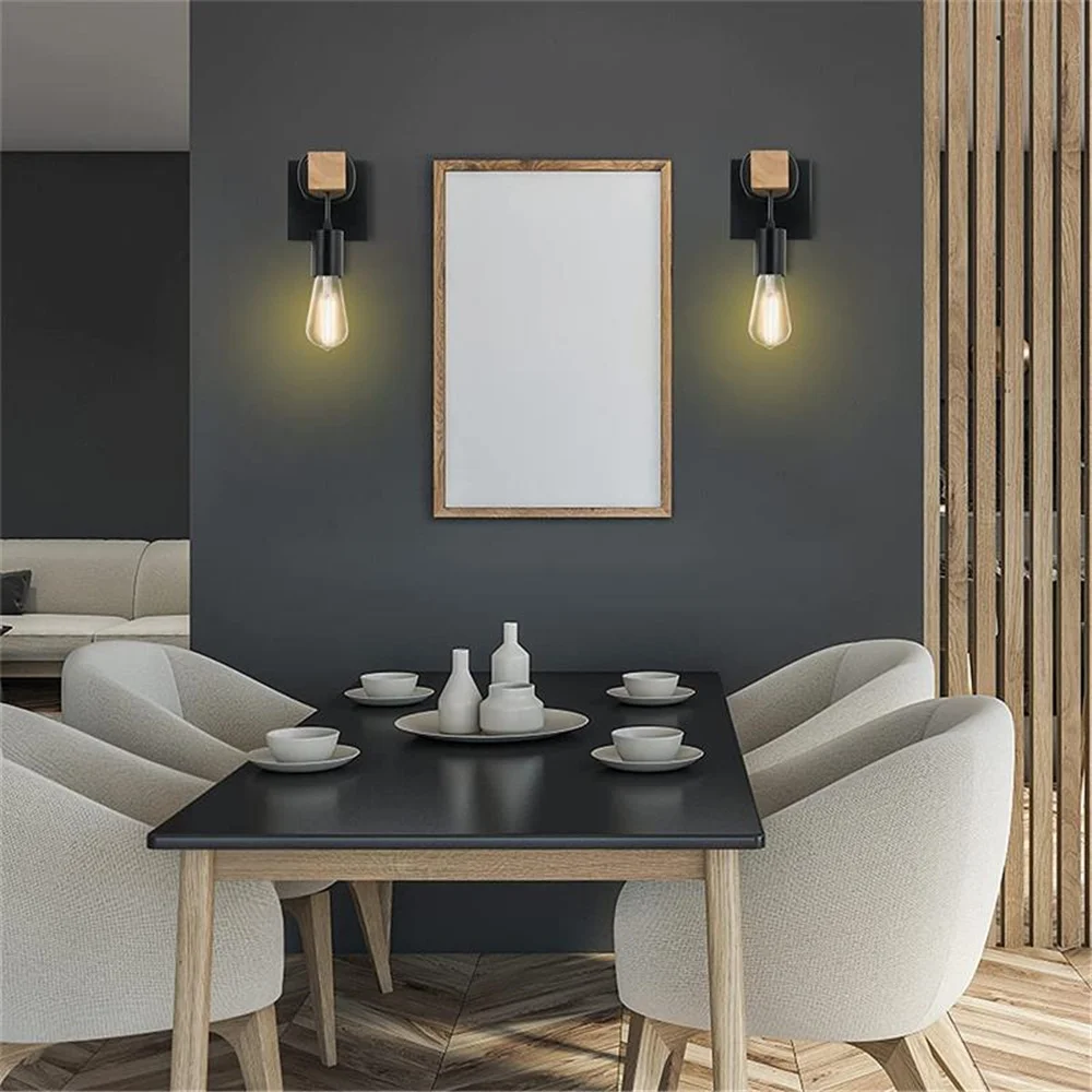 Wood Wall Sconces For Indoor LED Wall Sconces Plug In Metal Square Based For Living Room Dining Room Bedroom Wall Lamp (No Bulb)