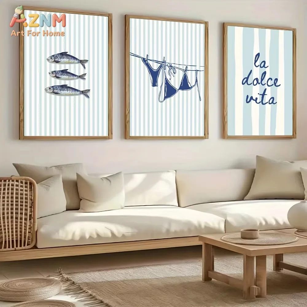 AZNM 3pcs La Dolce Vita_ Sardines Bikini Blue Stripe Canvas Print Poster Modern Coastal Decor Summer Wall Art Home Decor Poster