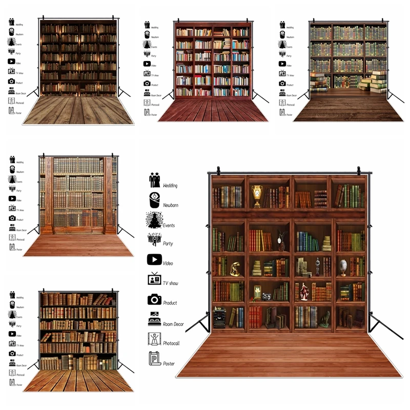 

Vintage Library Bookshelf Backdrops Back To School Books Baby Portrait Photographic Backgroumd Room Decor Wooden Self Photocall