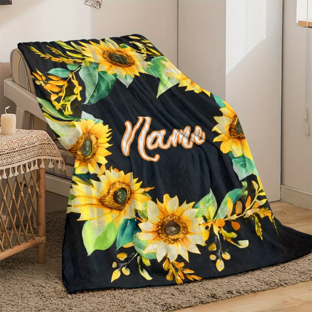 Custom name sunflower theme fleece blanket, suitable for sofa, bed, birthday, children, girls, friends, gifts