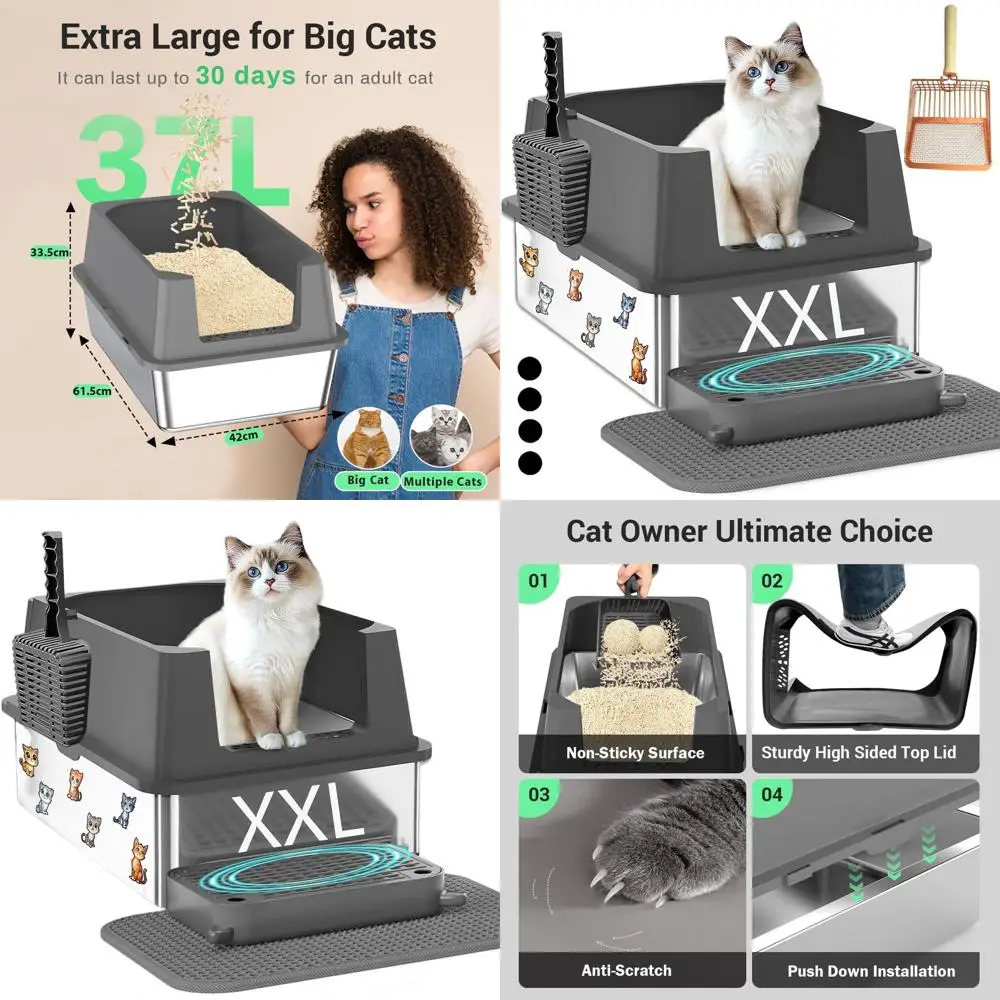 

Jumbo Stainless Steel Cat Litter Box for Large Cats with High Walls, Leak-Proof, Odor Control, Easy Clean, Includes Mat & Scoop