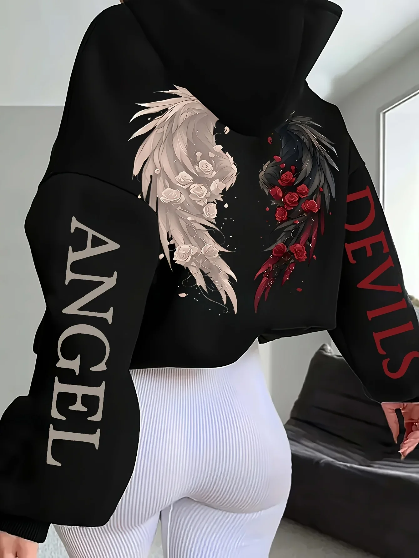 Men Women Angel Devil Wings Graphic Hoodie Black Rose Letter Printed Sweatshirt Sleeve Printed Oversized Pullover Streetwear