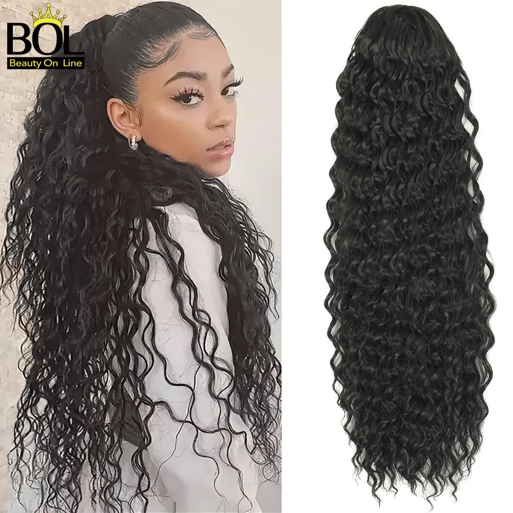 

Drawstring Deep Wave Ponytail Hair Extensions Natural Black 24"Heat Resistant Synthetic Fiber Thick Full Bouncy Volume For Women