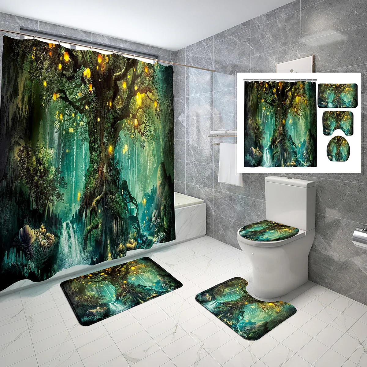 Magic Forest Shower Curtain Set Fantasy Magic Tree 4 Pcs Shower Curtain Bathroom Non-Slip Bath Mat Toilet Cover Curtain Set