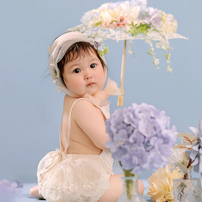 Lace Baby Dress For Photo Sweet Floral Netting Kerchief tassel Skirt Set Children One-Pieces Bodysuit Studio Photo Clothing