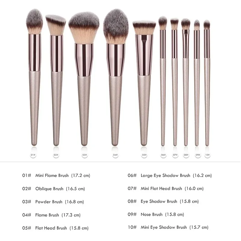 10-Piece Champagne Gold Makeup Brush Set - Professional Vegan Brushes for Foundation, Contour, Eyeshadow, Highlighter, Complete