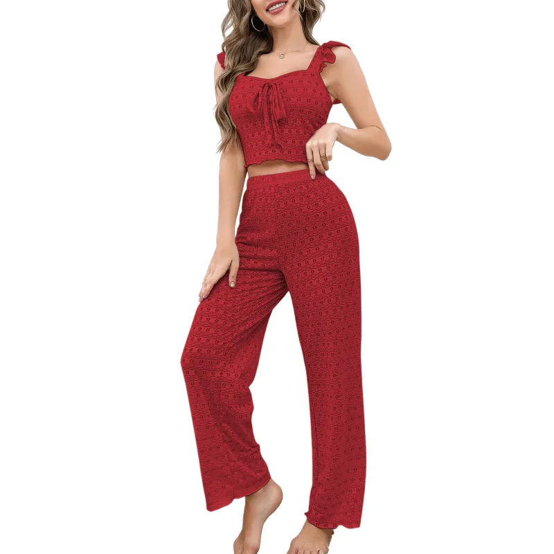 2026 الربيع الصيف الصلبة ضئيلة منامة الترفيه Homewear مجموعة مثير ساحة الرقبة قطعتين Pj مجموعات طويلة الأكمام بلايز السراويل ملابس خاصة #5