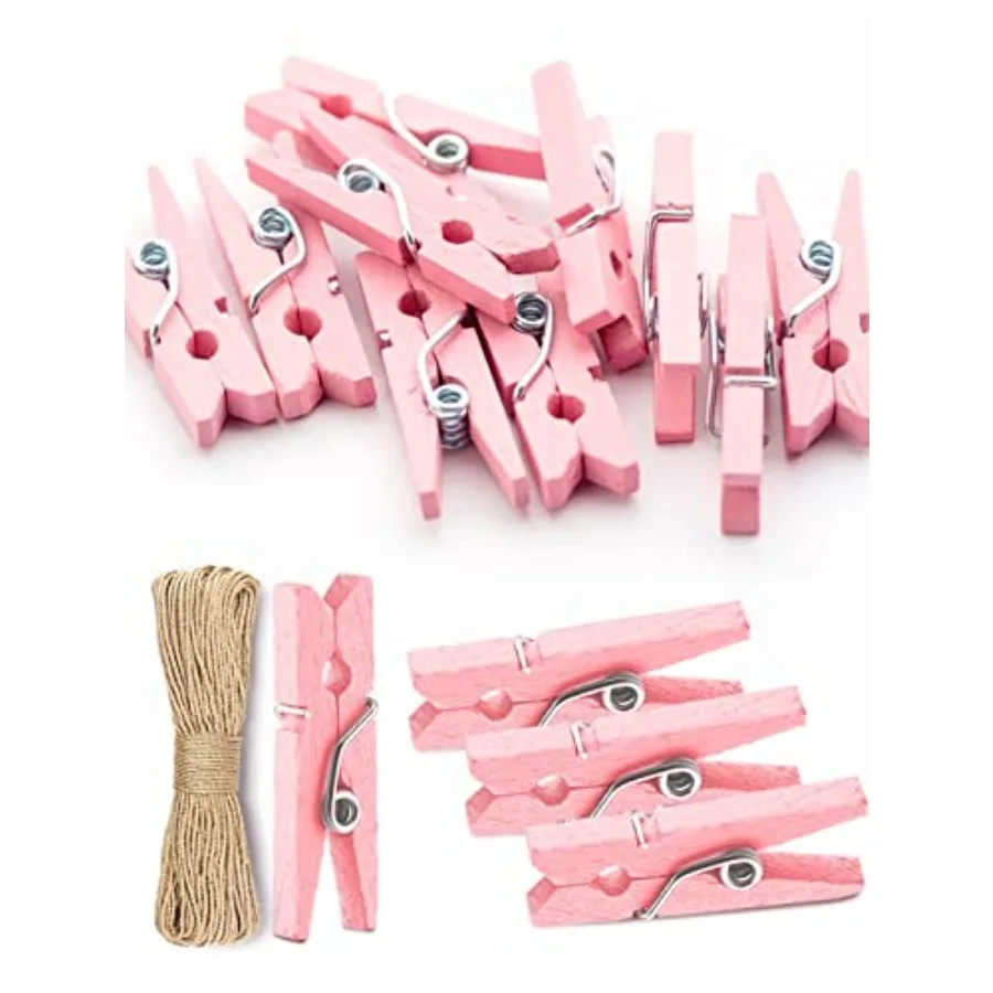 Mini Clothes Pins for Photo, Sturdy Natural Wooden Clothespins 150 Pcs 1 Inch with 33 FT Jute Twine, Small Clips for Crafts Dis