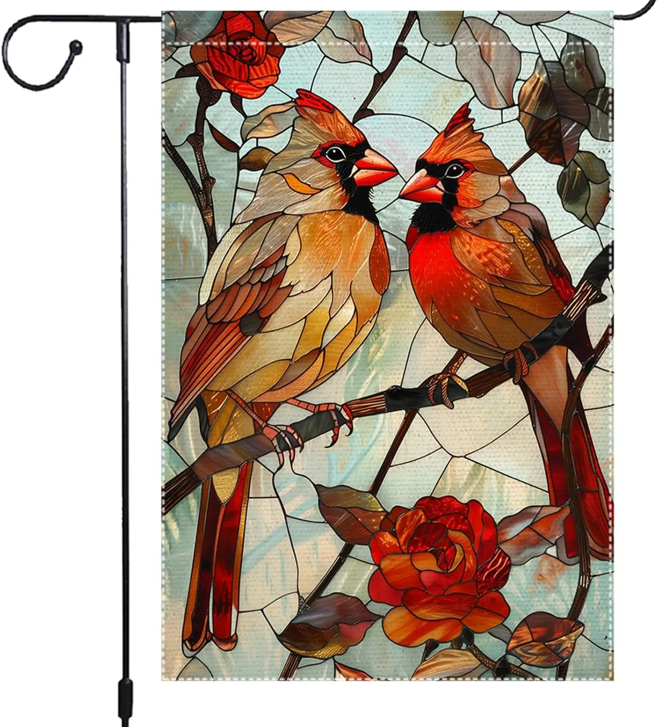Spring Summer Garden Flag 12x18 Inch Double Sided Small Burlap Cardinal Birds Stained Glass Design Vibrant Home Decor for Ya IIC