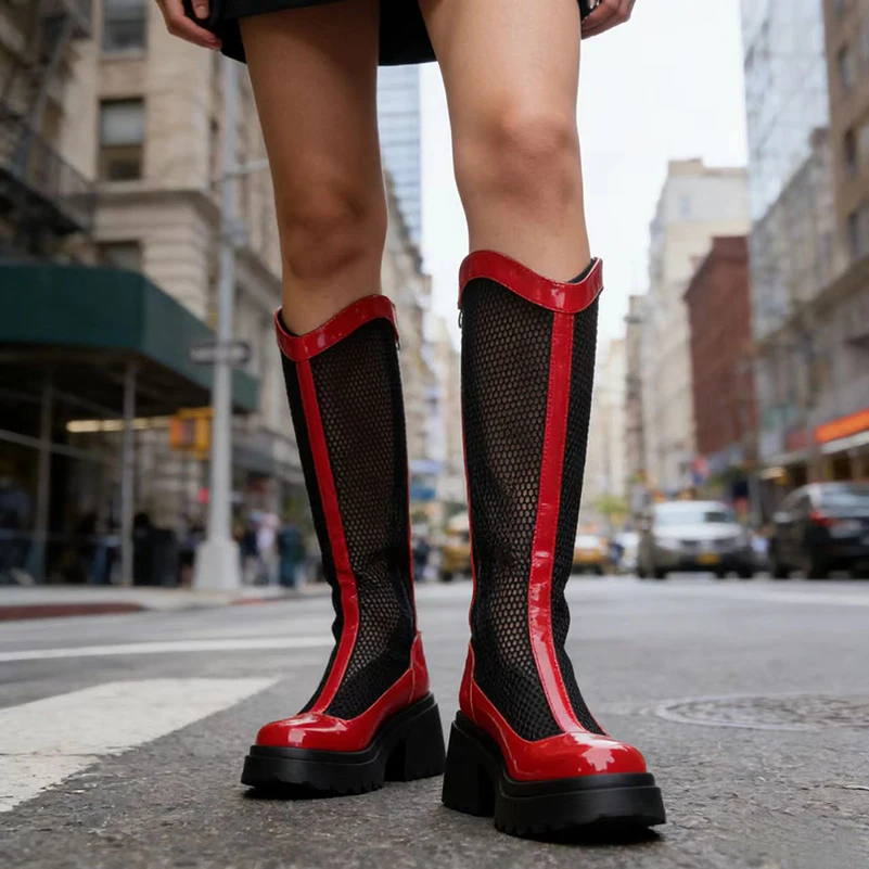 Lacquered Patchwork Hollow Mesh Platform Thick Sole Back Zipper Women's Knee High Boots Summer Hollow Cool Boots