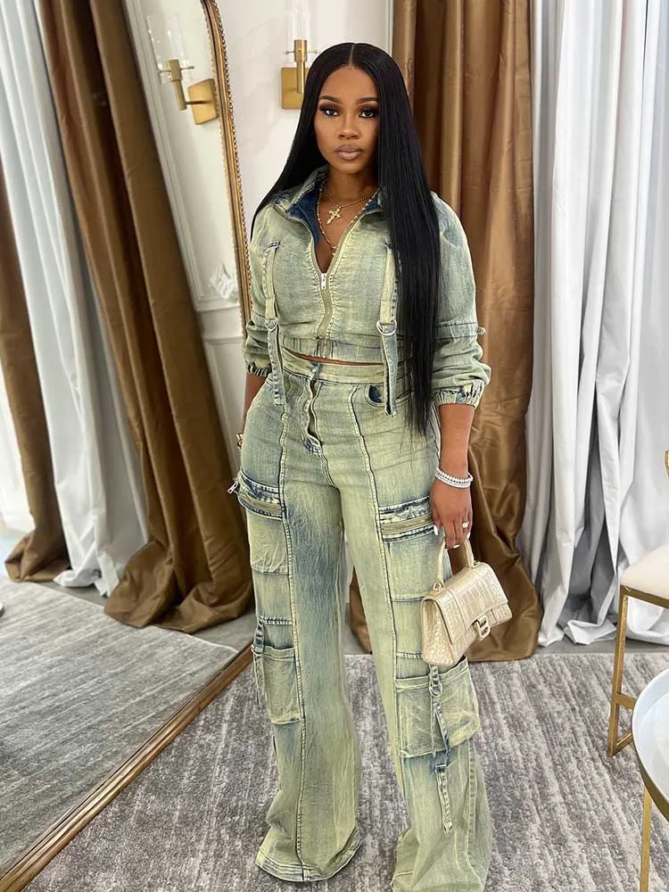 

2 Piece Set for Women Winter Long Sleeve Denim Jacket and Jeans Streetwear Sexy Stretchy Denim Pant Sets