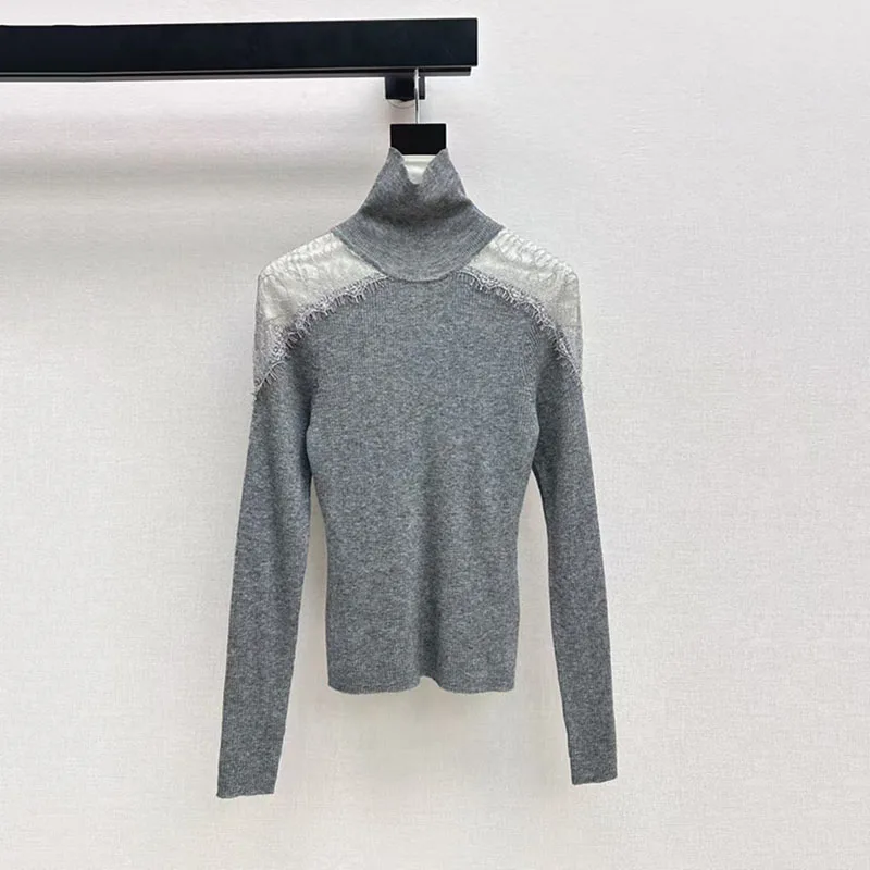 سترة نسائية ذات طبقة أساسية عالية الرقبة من الدانتيل، بلوفر علوي أنيق ومتعدد الاستخدامات، سترة صوف مميزة، وصل حديثًا ربيع 2026