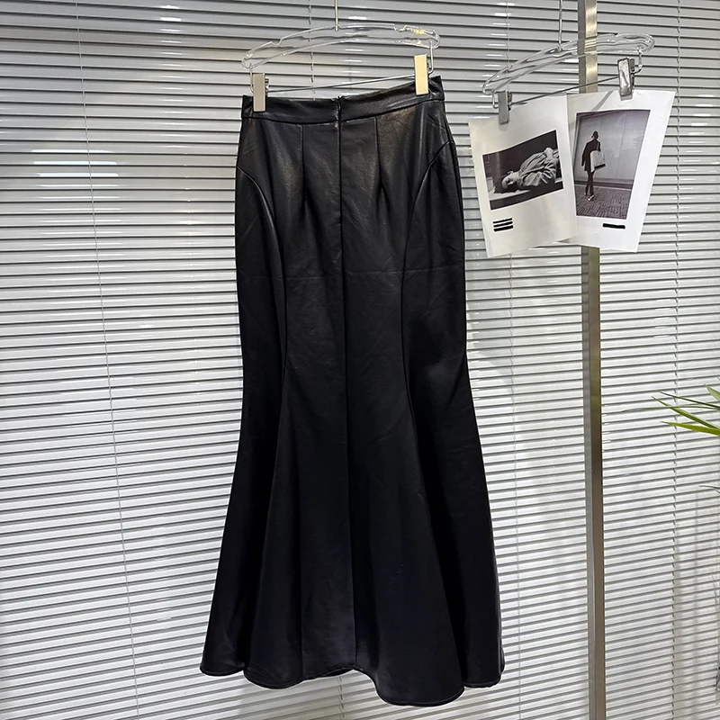 Kbq sólido minimalista imitação de couro tecido sereia saia para mulheres cintura alta temperamento saia longa estilo moda feminina novo