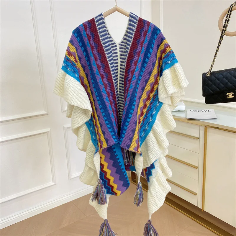 Women Ethnic Style Poncho Capes Ladies Fashion Stripe Colorful Knit Oversized Poncho Wrap Fringed Shawl Bohemian