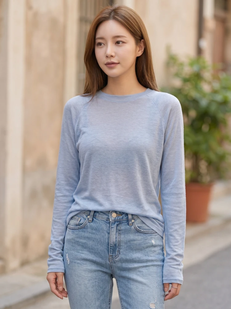 Thin Slightly Translucent Sexy Tshirts Korean Style Long Sleeve Top Spring Summer Blue Casual T-Shirt For Women Womens Tee Shirt