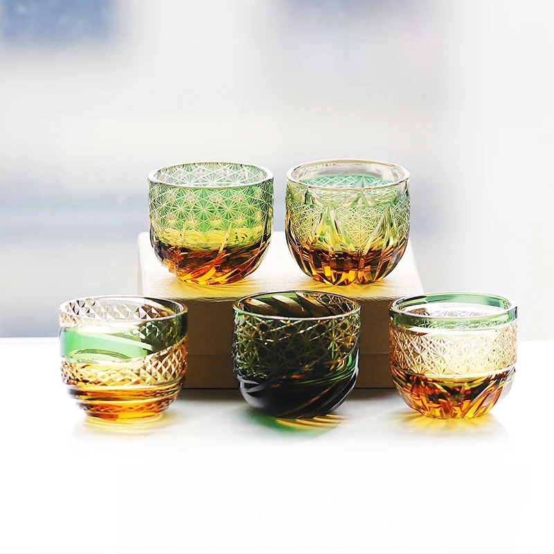 2 oz Japanese sake cup Edo Kiriko style shot glass Sake house cold tea cup engraved soju glass cup shot glass amber guest party