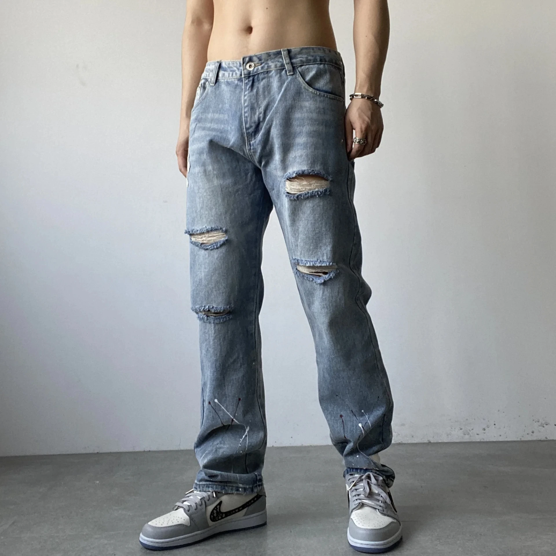 2024 High Street Hip Hop Piercing Retro Calça Casual