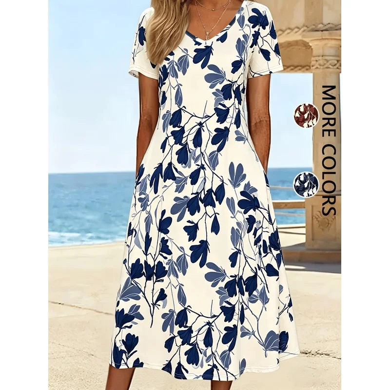 Spring Summer Women'S Fashion Floral Print Versatile Short Sleeve Dress Vacation Beach Outing Pocket Design Summer Dress