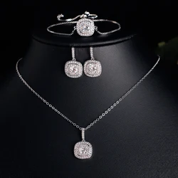ZAKOL 3 Pcs Brilliant Micro Paved Zirconia Square Earring/ Necklace/Bracelet Jewelry Set for Women Gorgeous Wedding Jewelry