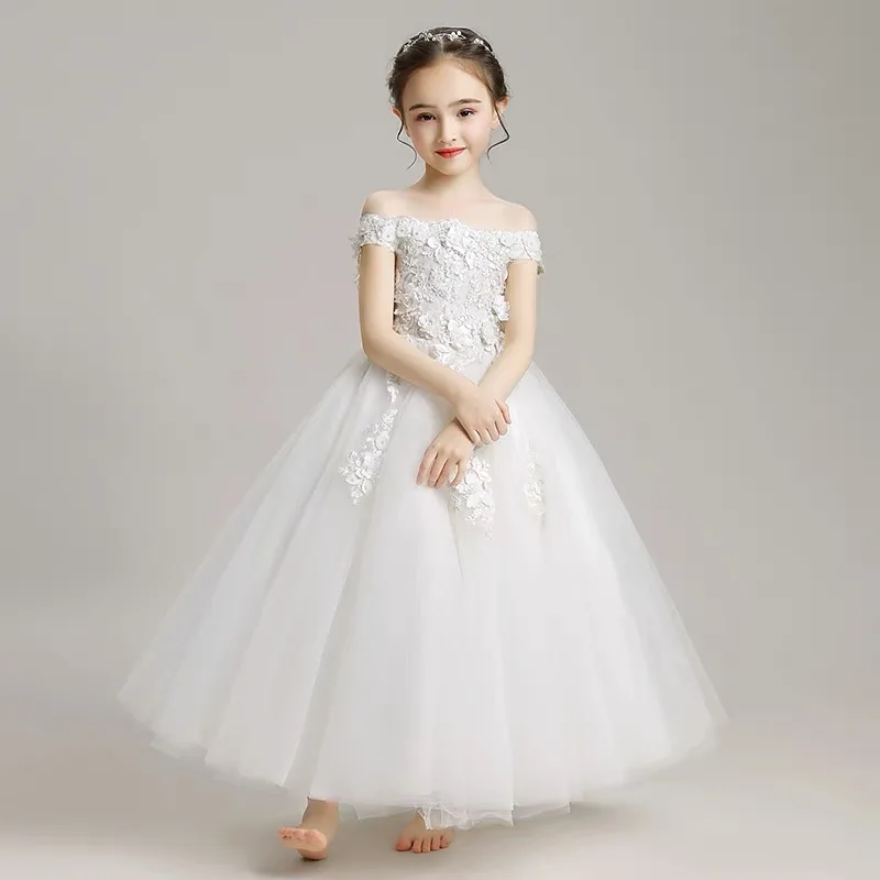 Luxury Child First Communion Dress White Beading Appliques Party Dress Beads Tiered Tulle Puffy Flower Girl Dresses For Weddings