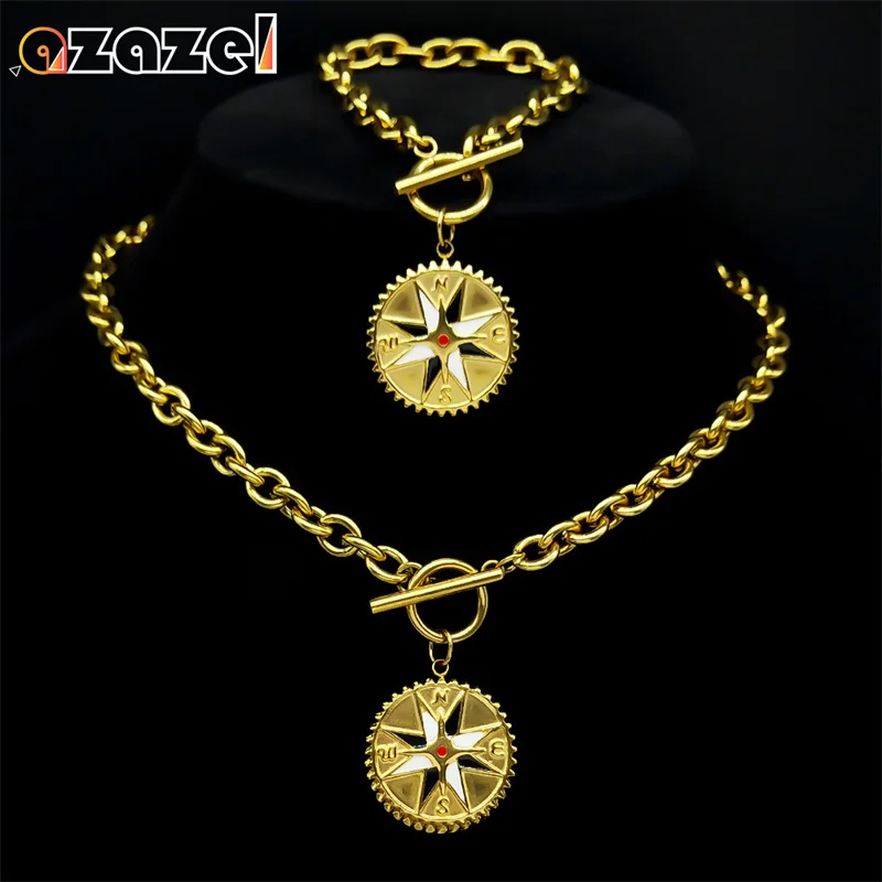 

Fashion Gear Compass Pendant Jewelry Set Women Men Stainless Steel Gold Color Enamel Choker Necklace Bracelet Set Jewelry Gift