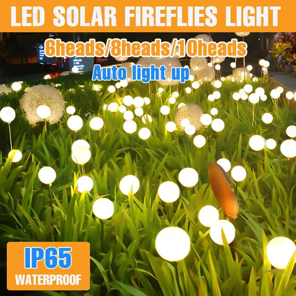 2 Pack LED Solar Outdoor Lamp Waterproof Firefly Fairy Dandelion Light Decoration Garden Lawn Lamps RGB Warm White 6/8/10 Heads