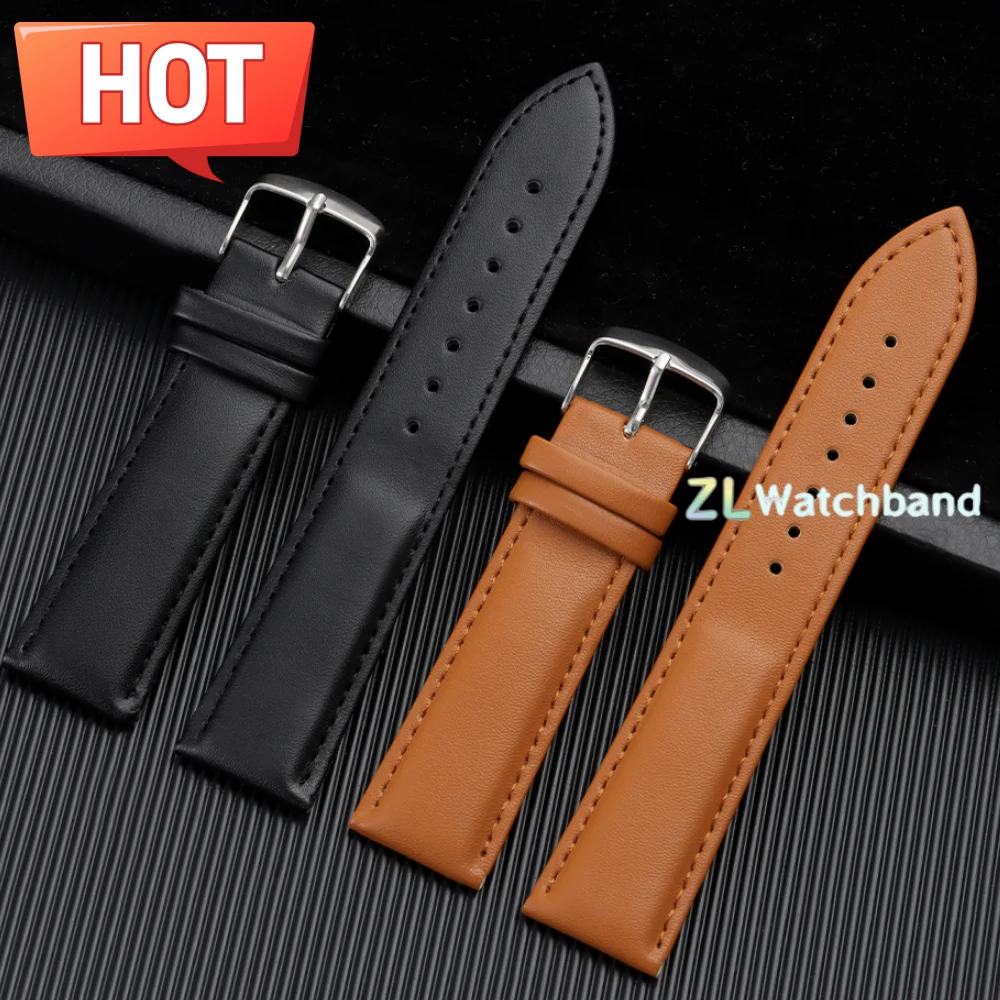 Bracelet de montre vintage en cuir de veau pour homme et femme, bracelet de montre argenté, noir, or, rose, boucle à ardillon, 12/14/16/18/20/22/24 mm