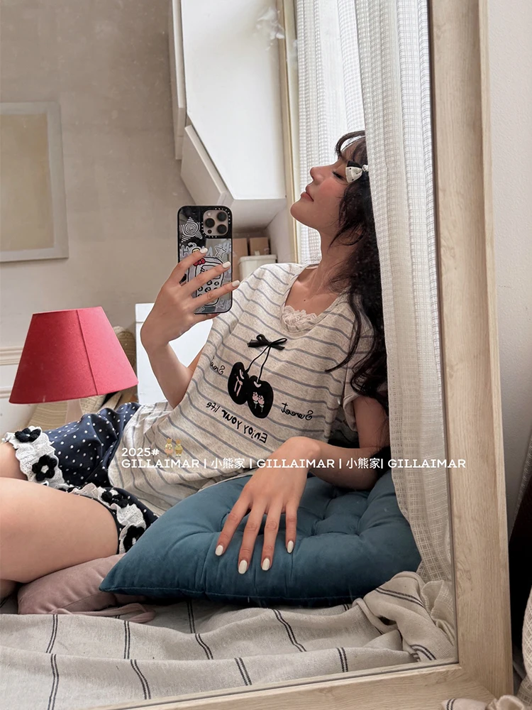 Cute Cartoon Striped Cherry Pajamas Women's Summer Short-sleeved Shorts Lace Lace Sweet Casual Loungewear Thin
