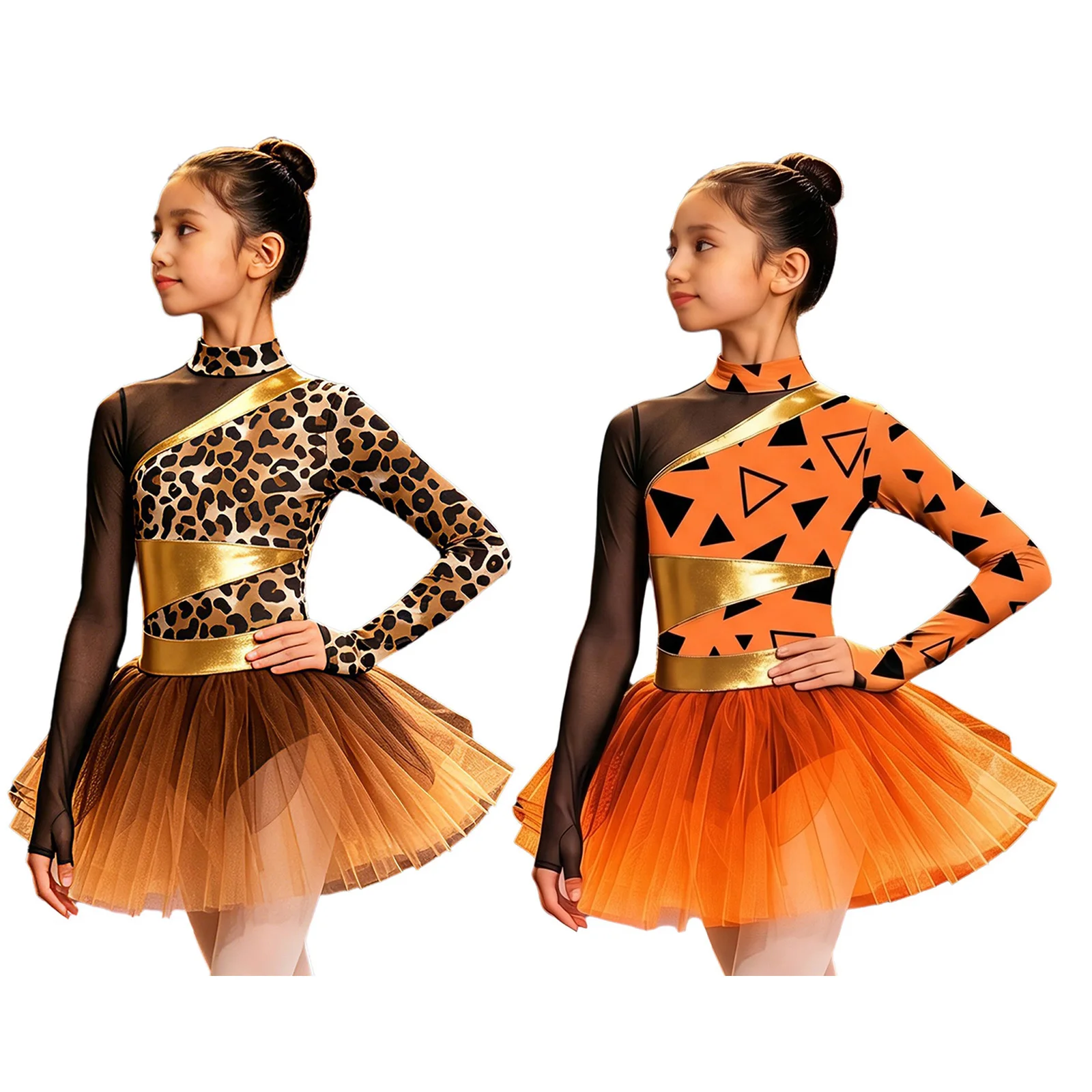 

Kids Girls Ballet Dance Leotard Dress Halloween Theme Party Caveman Primitive Man Costume Long Sleeve Print Cavegirl Mesh Tutu