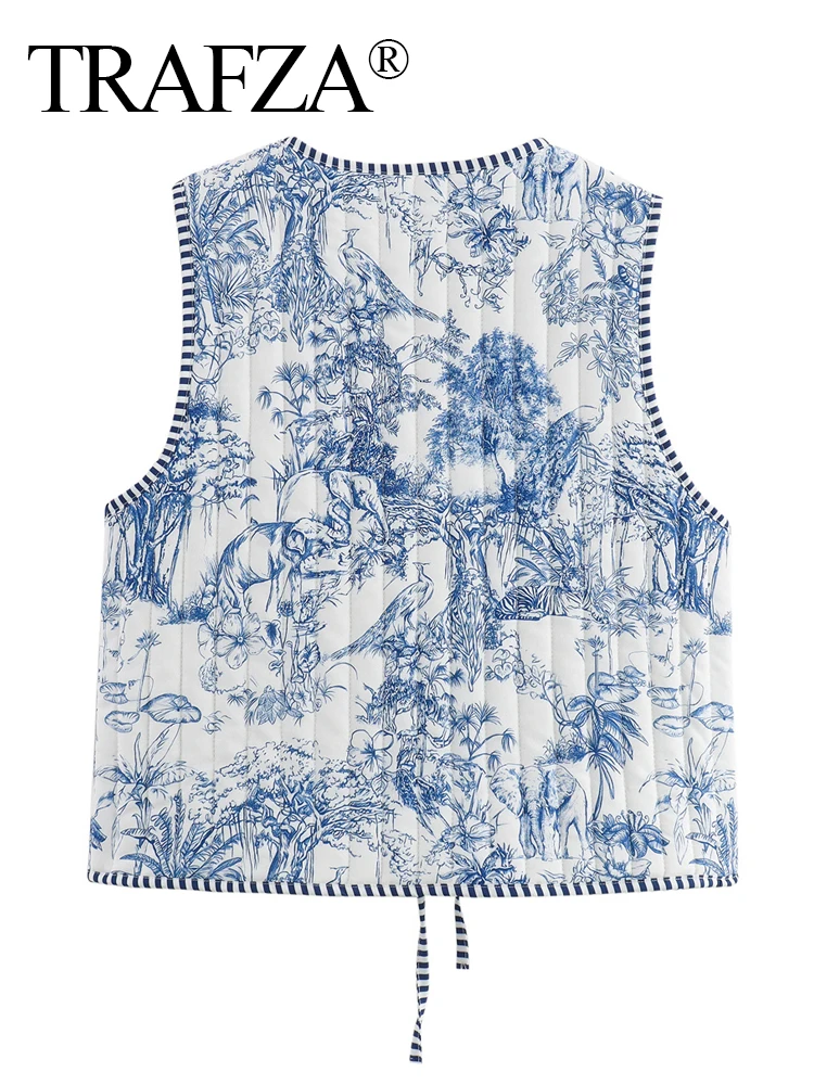 TRAFZA Women Printed Sleeveless Cotton Vest 2024 Female Fashion Drawstring Embellished Printed Waistcoat Streetwear Casual Tops