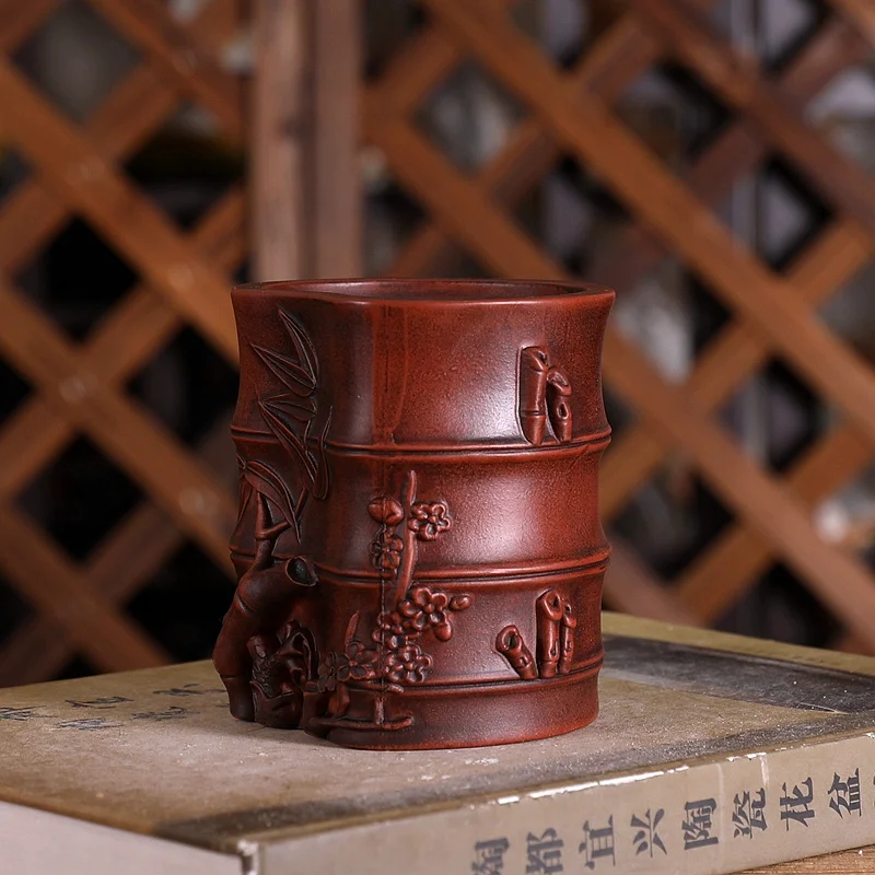 Purple Sand Bamboo Shape Bonsai Pot,Small Vase, Traditional Chinese,Dormitory Room, Table, Home Garden Decoration