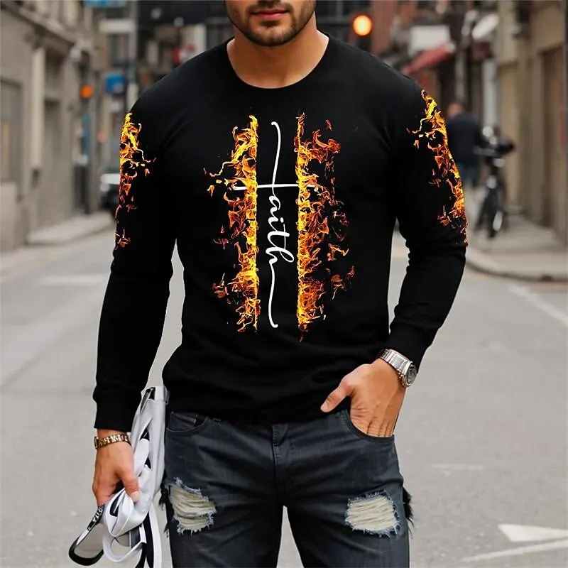 

Funny Cross Print T Shirt For Men Casual O-neck Loose Pullover Fashion Comfortable Long Sleeve T-shirt Autumn Top Street Clothes