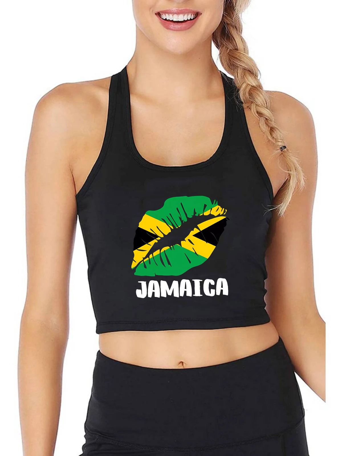 Jamaica Flag Graphical Lip Design Sexy Slim Fit Crop Top Jamaican Sports Fitness Workout Tank Tops Fashionable Camisole