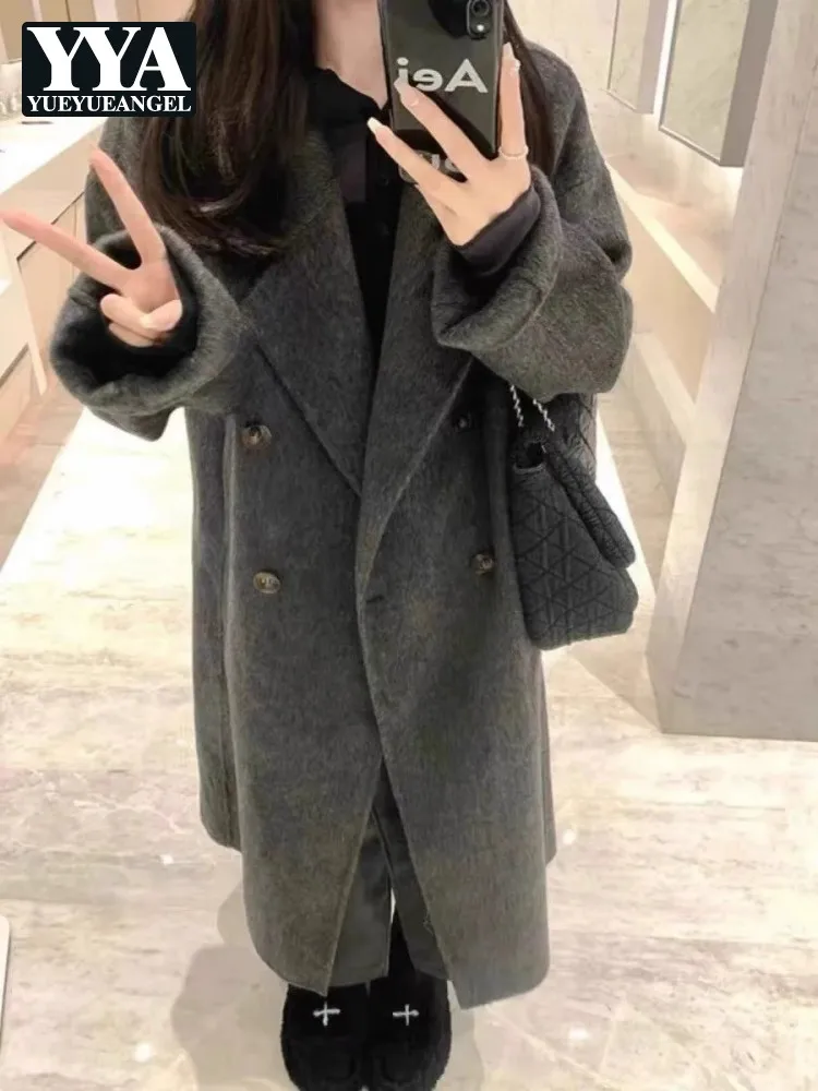 المرأة مزدوجة الوجهين معطف الصوف الصوف الخالص الكورية نمط معطف الخريف الشتاء مزدوجة الصدر فضفاضة تناسب ملابس خارجية طويلة رائجة البيع #1