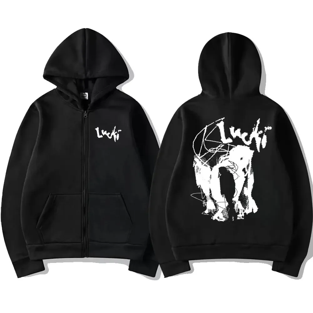 Rapper Lucki Shadow Printed Zipper Hoodie Male Hip Hop Vintage Streetwear Casual Sweatshirt Men Fashion Oversized Zip Up Jacket