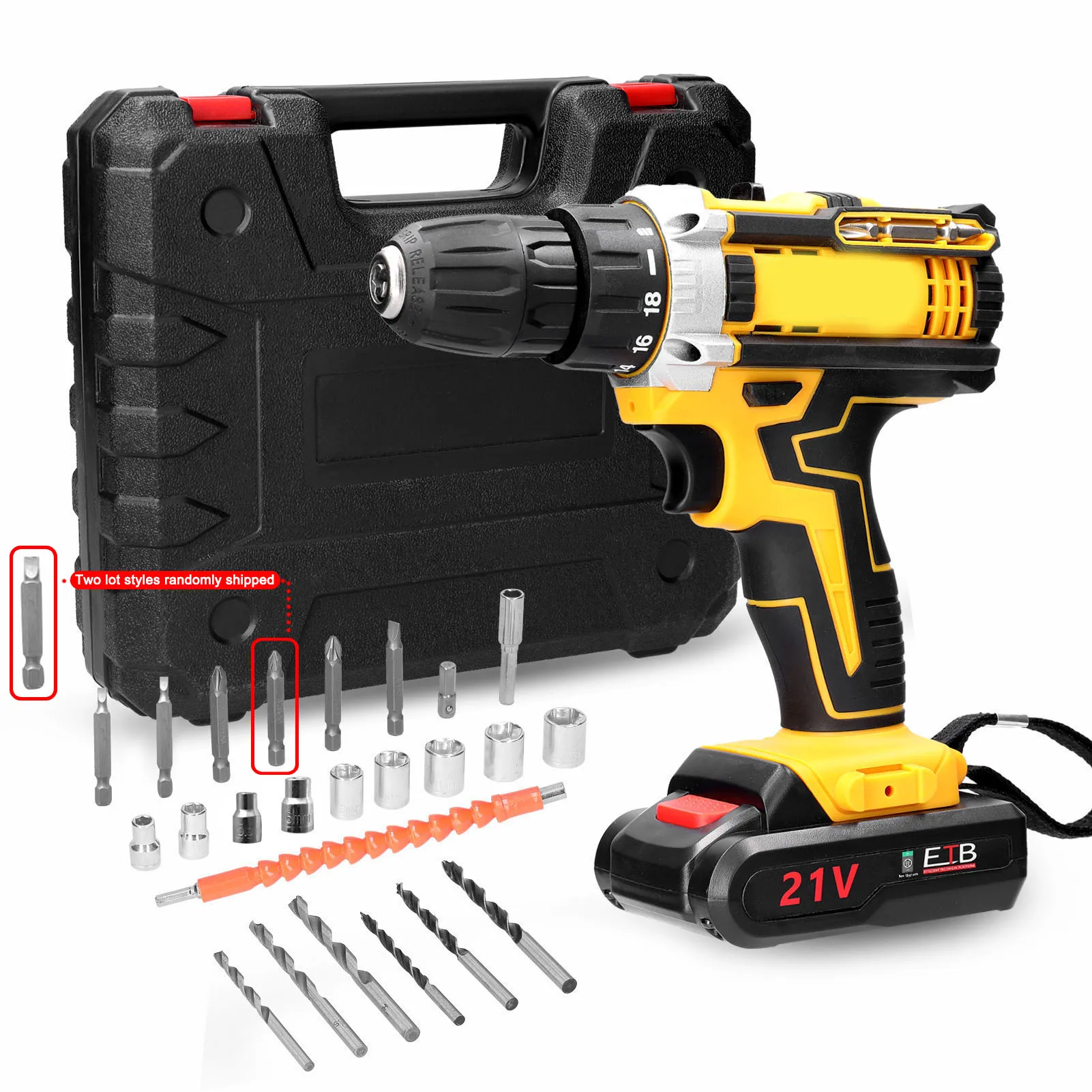 

21V Cordless Electric Drill Brushed Motor 2 Speeds Adjustment 18 Gears of Torsion Holes Drilling Machine