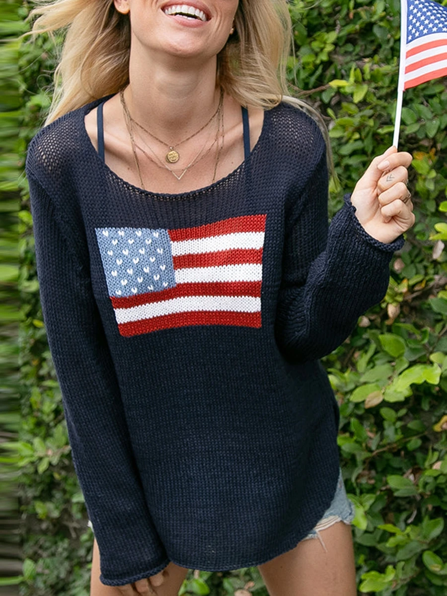 

Womens American Flag Sweatershirt Jumper Long Sleeve Letter Knit Pullover Cute Top 4th of July Sweater