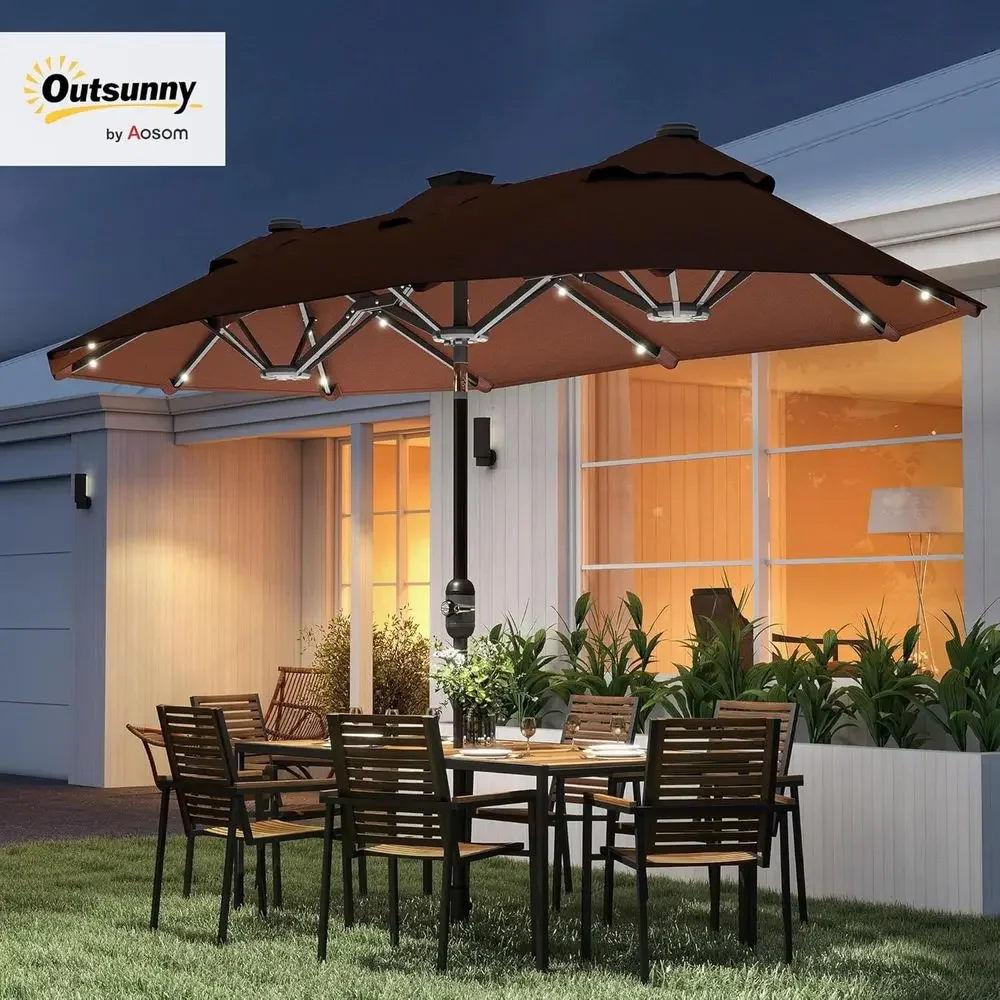 Double-Sided 10ft Patio Umbrella with LED Lights and Sandbag Base, Push Button Tilt, Crank Lift, Air Vents for Outdoor Spaces