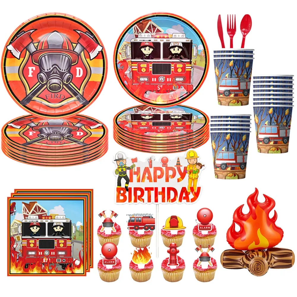 Fireman Party Tableware Plates Cups Napkin Fire Engine Balloon Kids Boys Firefighter Themed Birthday Party Decor Supplies