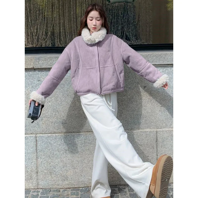 

Женское кожаное меховое замшевое пальто в стиле ретро Eco-Lamb, корейское мотоциклетное теплое пальто