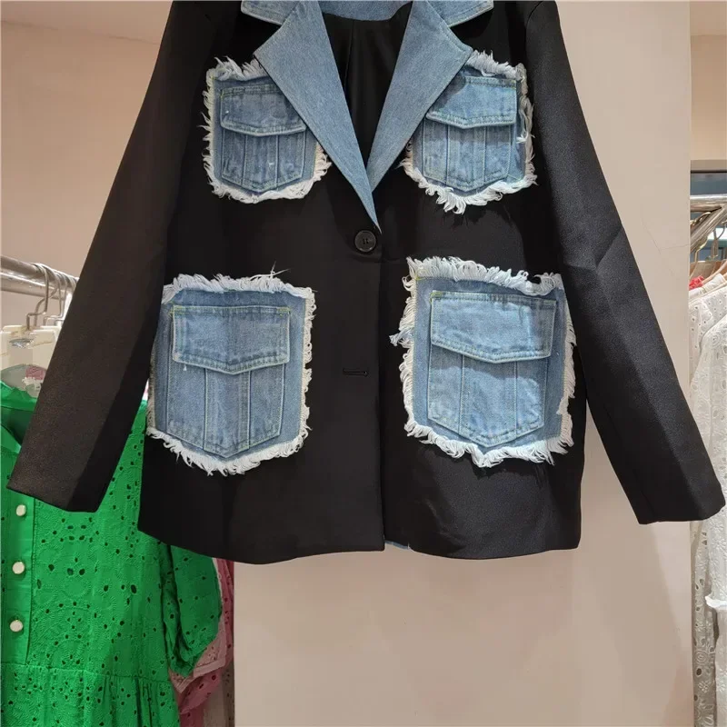 Spring Casual Frayed Burrs Cowboy Pocket Stitching Suit Jacket Women Loose Denim Notched Collar Long Sleeve Female Blazers Coat