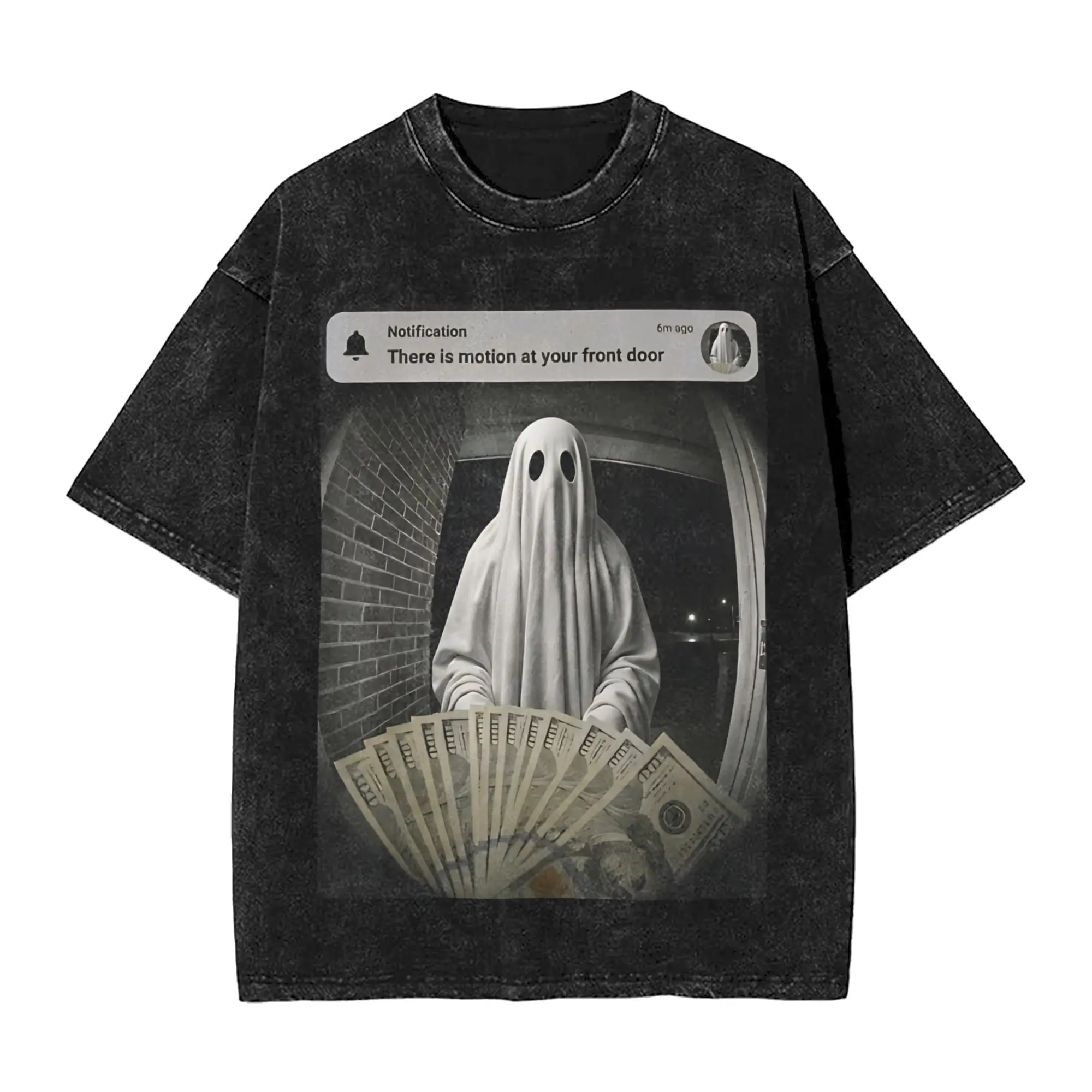 Spooky Ghost Motion Front Door Alert Humor Washed T Shirts Streetwear Hip Hop Casual T-Shirts  Tees  Streetwear