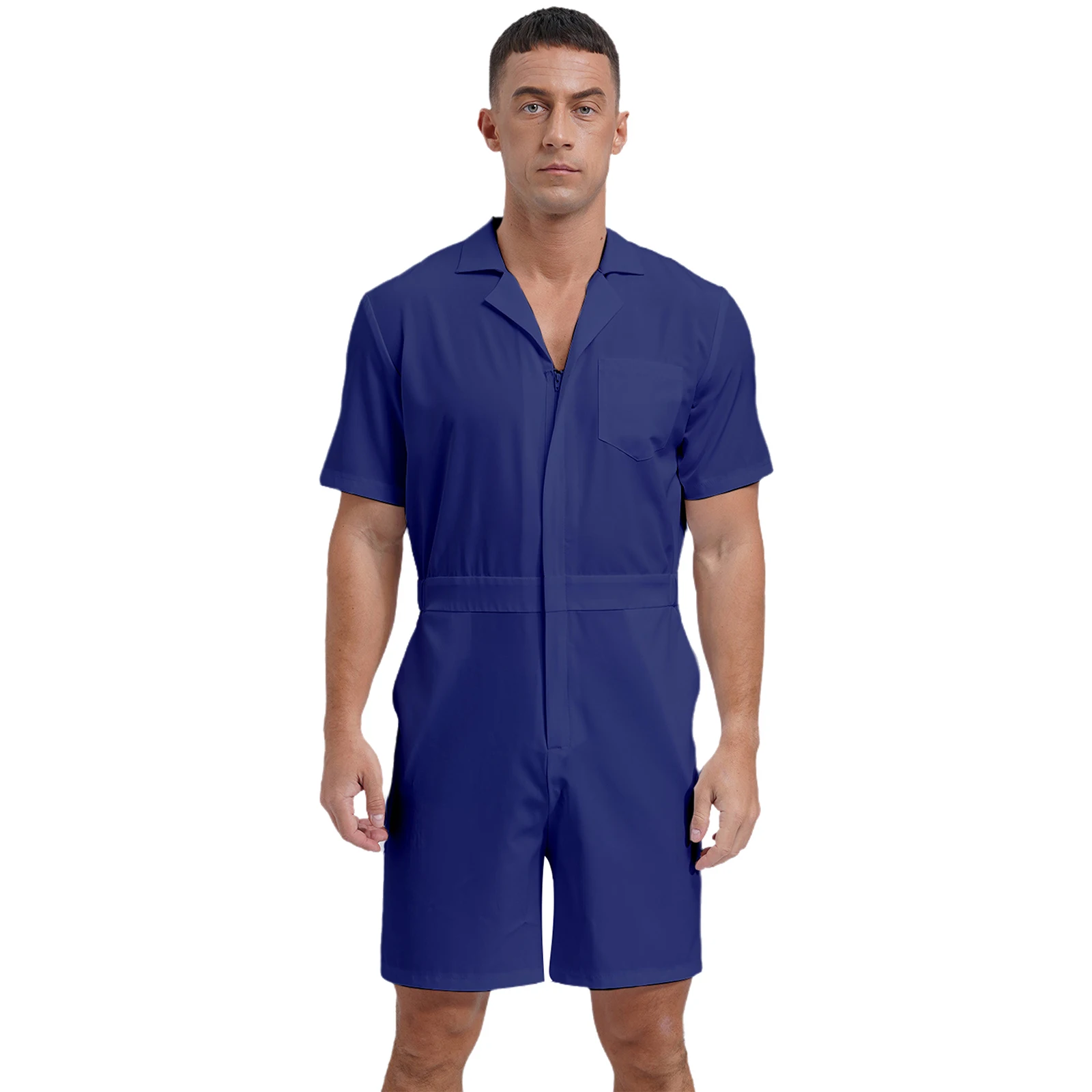 Mens Solid Color Overalls Jumpsuit Turn-down Collar Short Sleeve Bodysuit Front Zip Short Bottom One Piece Rompers Costumes