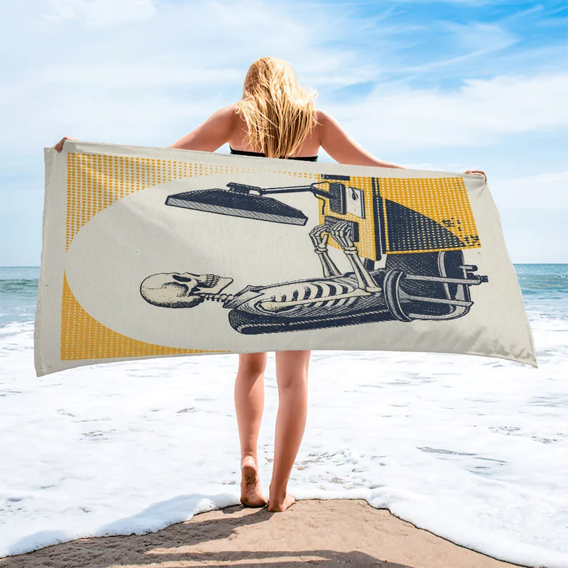 Retro Skeleton Office Worker Beach Towel Gothic Skull Typing On Computer Print Swim Towel Quick Dry Portable Travel Bath Towel