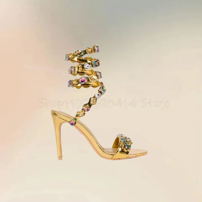 

Colorful Crystal Decor Gold Open Toe Sandals Slip On Women Shoes Thin High Heels Fashion Party Banquet 2025 Zapatos Para Mujere