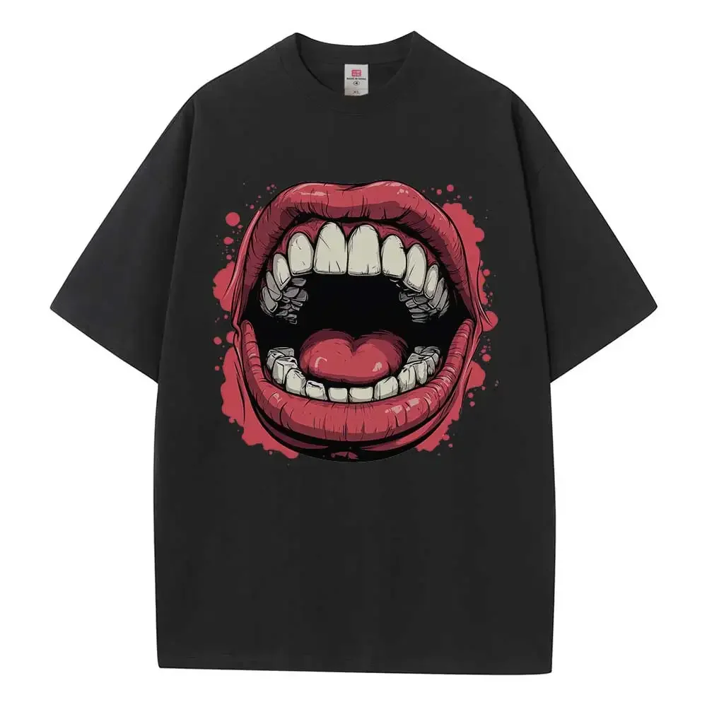 Cotton T Shirt Graphic Tees Oversized T Shirts Design Clothes Cartoon Mouth Sharp Fangs Dropped Shoulder Vintage Unisex Tops