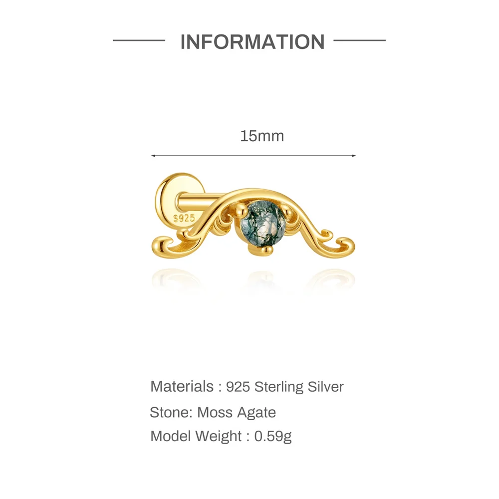 CANNER 1 Stück Sommer Natürlicher Wassergras-Achat Pferdeauge 925 Sterling Silber Flachkopf Piercing Ohrstecker für Damen INS Ohrring – Detail 5