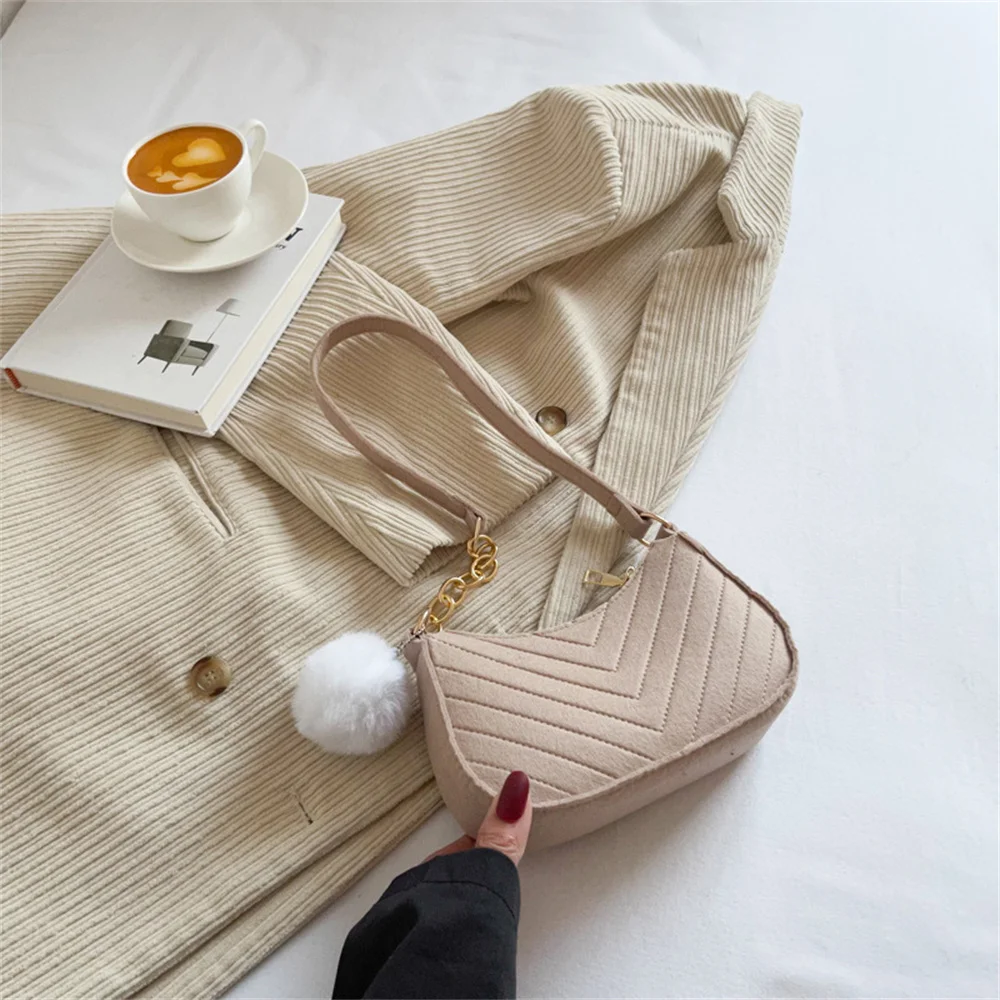 Women Felt Mini Shoulder Bag Underarm Bags with Plush Pendant Solid Color Casual Handbags Female Pouch Light Weigh Bag